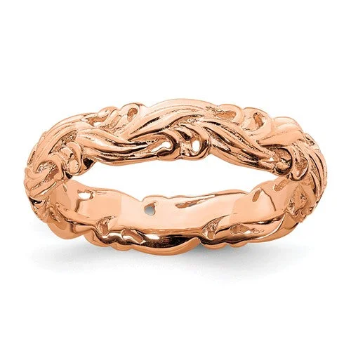 ladies ring classic topaz-Sterling Silver Stackable Expressions Rose Gold Plated Carved Band