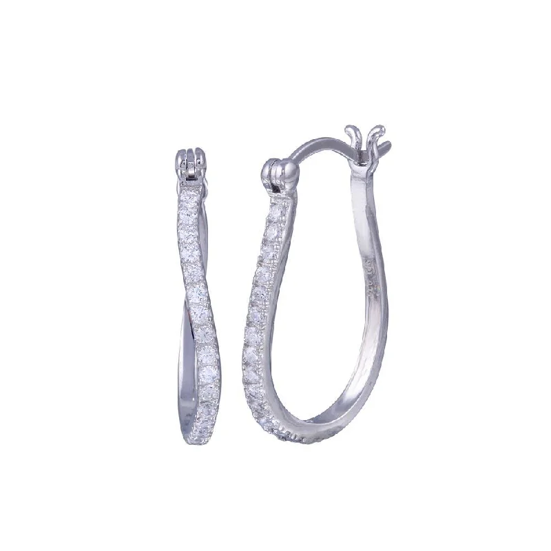 ladies earrings birthstone threader-Silver 925 Rhodium Plated Twisted Round CZ Hoop Earrings - STE00625