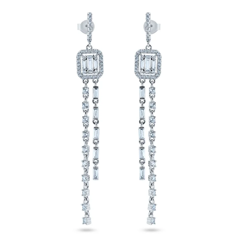 ladies earrings intricate diamond-Rhodium Plated 925 Sterling Silver Dangling CZ Earrings - BGE00744