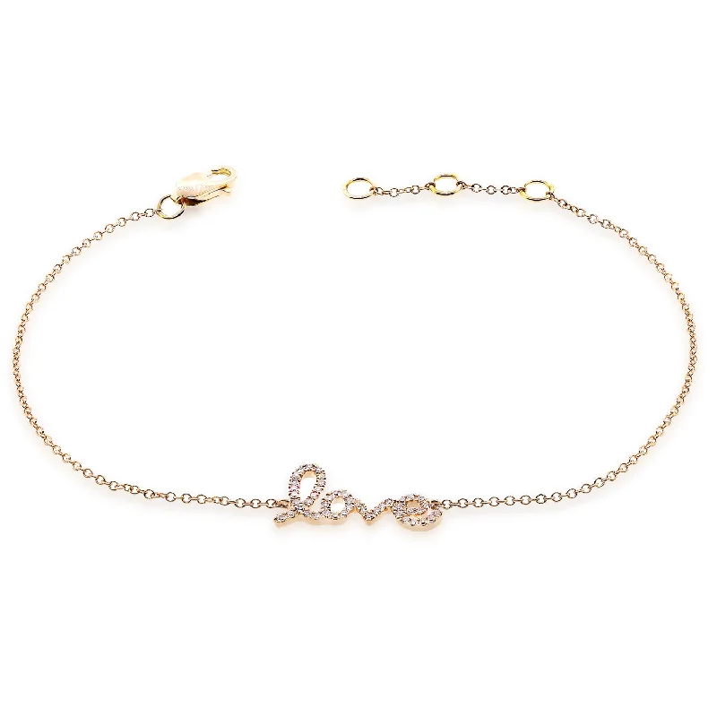 Ladies bracelets pointed tip styles-OKGs Collection 14K Gold Love Chain Bracelet with Dazzling Diamonds