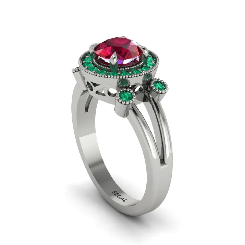 ladies engagement ring flower conflict-free-Radiant Ruby Halo Gold Engagement Ring - Madilyn No. 27