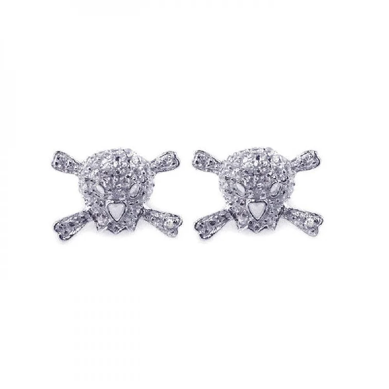 ladies earrings black friday pave-Silver 925 Rhodium Plated Skull CZ Stud Earrings - STE00525