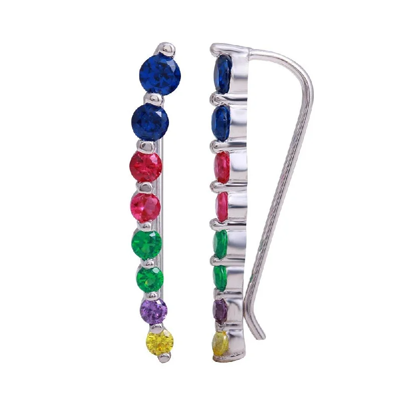 ladies earrings unique cluster-Rhodium Plated 925 Sterling Silver Round Multi-Colored CZ Stone Climbing Earrings - GME00116RBC