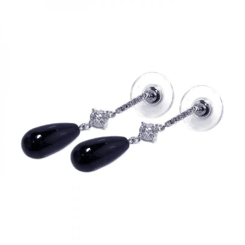 ladies earrings intricate moonstone-Silver 925 Rhodium Plated Teardrop Black and Clear CZ Dangling Stud Earrings - BGE00023