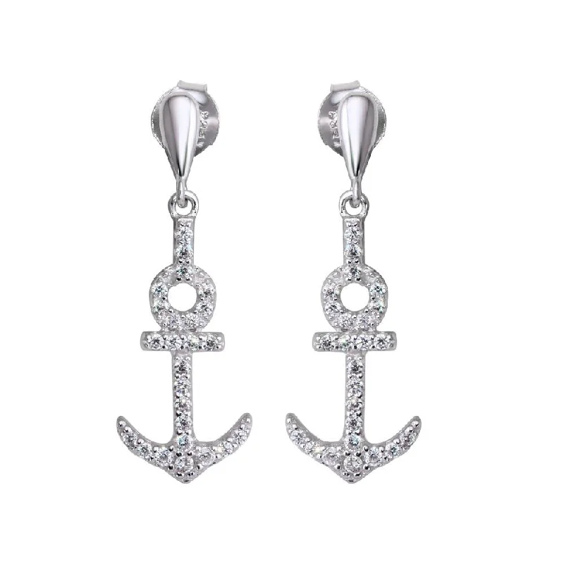 ladies earrings hammered diamond-Rhodium Plated 925 Sterling Silver Dangling Anchor Earrings with CZ - BGE00593