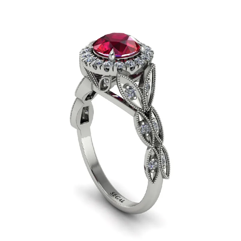 ladies engagement ring custom one of a kind-Ruby Halo Nature Inspired Leaf Engagement Ring - Alessandra No. 12