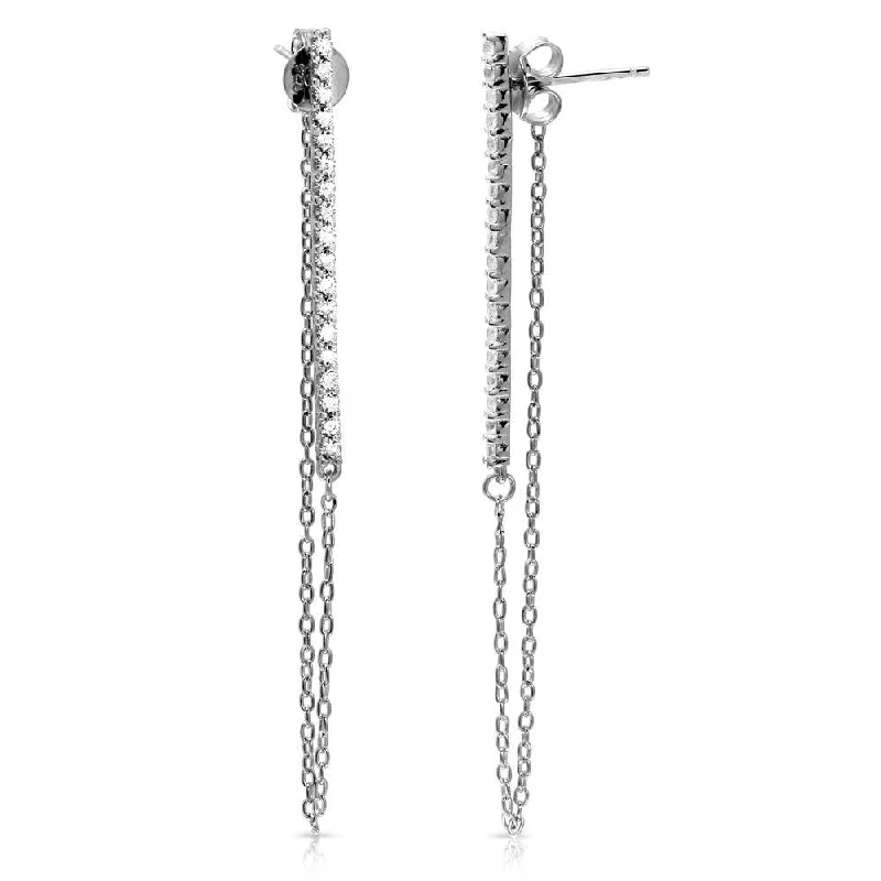 ladies earrings engraved sleeper-Rhodium Plated 925 Sterling Silver Vertical Line Bar with CZ Earrings - BGE00521