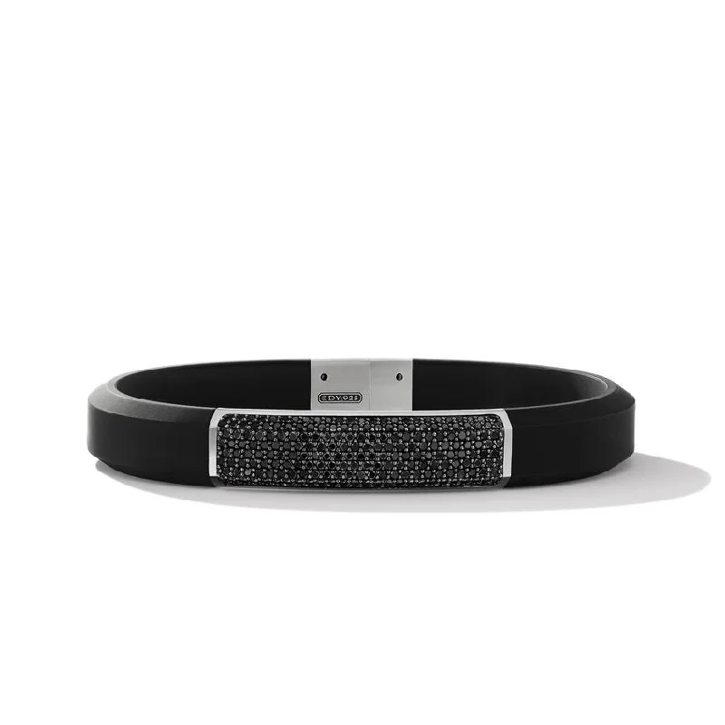 Ladies bracelets Thanksgiving gift styles-David Yurman Gents Streamline ID Black Rubber Bracelet with Pave Black Diamonds