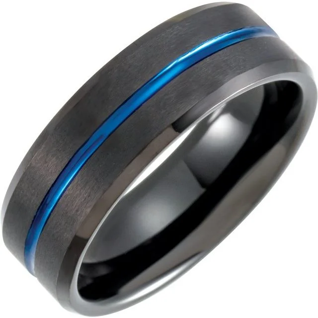 ladies ring chic red ruby-Black & Blue PVD Tungsten 8 mm Grooved Band