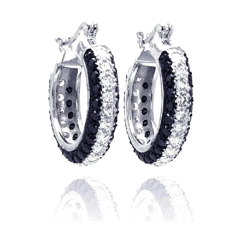 ladies earrings trendy short-Clearance-Silver 925 Rhodium Plated Round Silver and Black CZ Hoop Earrings - STE00559