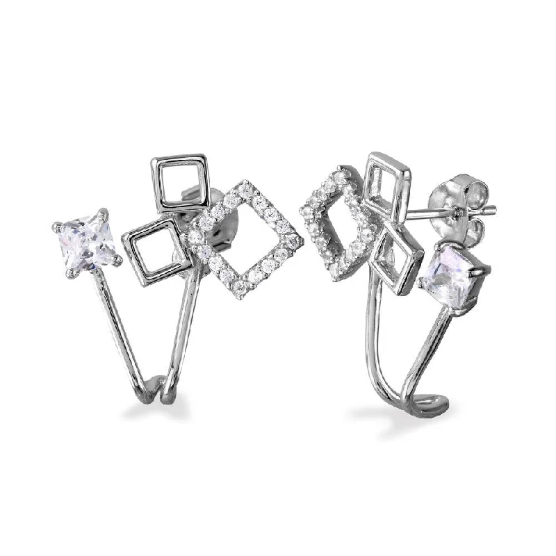 ladies earrings elegant symmetrical-Rhodium Plated 925 Sterling Silver 3 Open Squares with Round CZ and Square CZ Folded Earrings - BGE00531