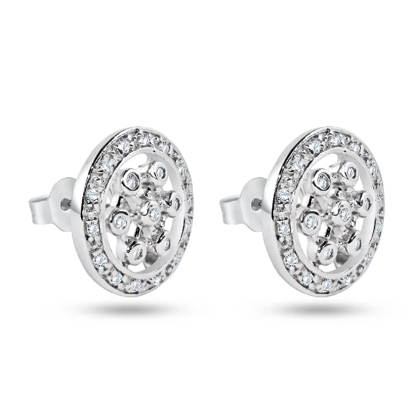 ladies earrings premium bar-Clearance-Silver 925 Rhodium Plated Round Helm Wheel CZ Stud Earrings - STE00129