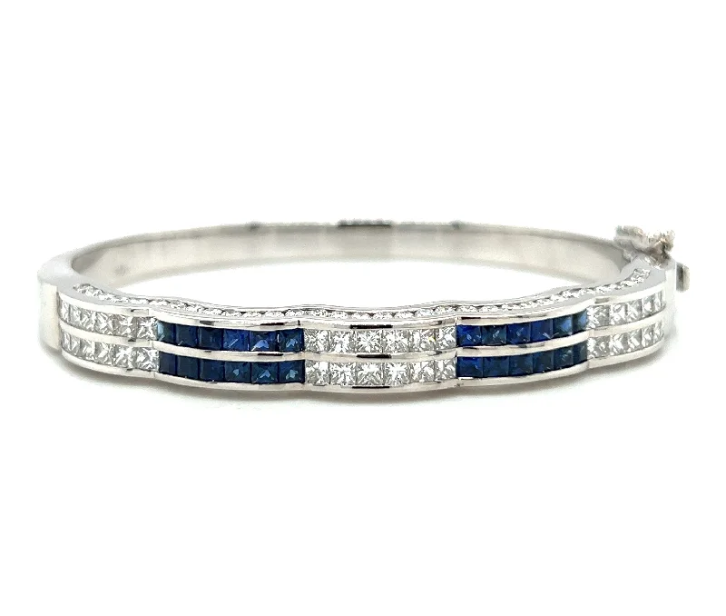 Ladies bracelets fixed gem designs-Pre-Owned 14k White Gold Blue Sapphire & Diamond Bangle Bracelet