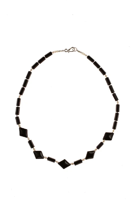 Ladies necklaces oval cut pendant styles-Black Onyx & Pearl Necklace