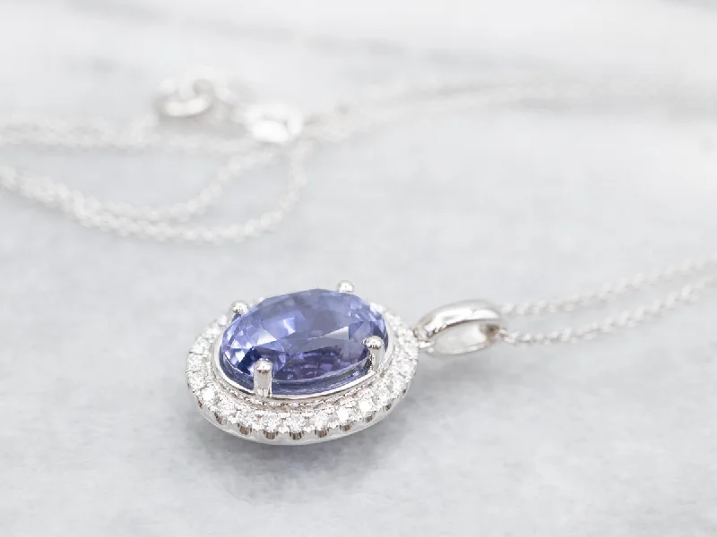 Ladies necklaces dramatic flair necklaces-Modern Sapphire Halo Pendant Necklace