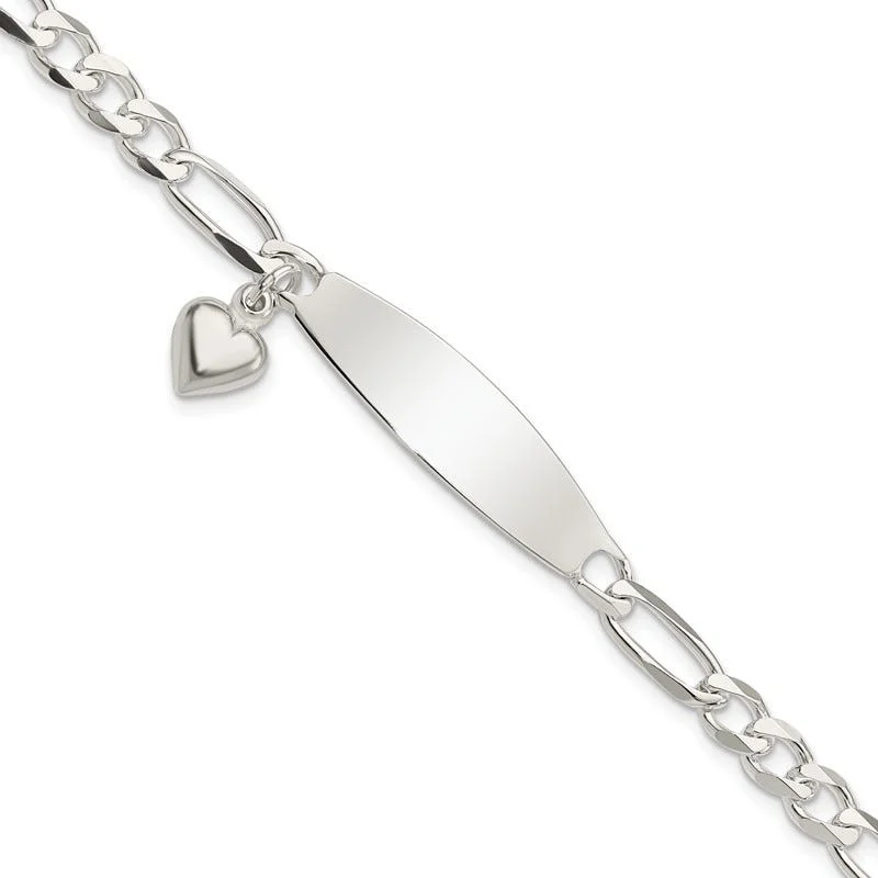 Ladies bracelets topaz vibrant styles-Sterling Silver Polished Figaro ID Heart Dangle 8.5in Bracelet