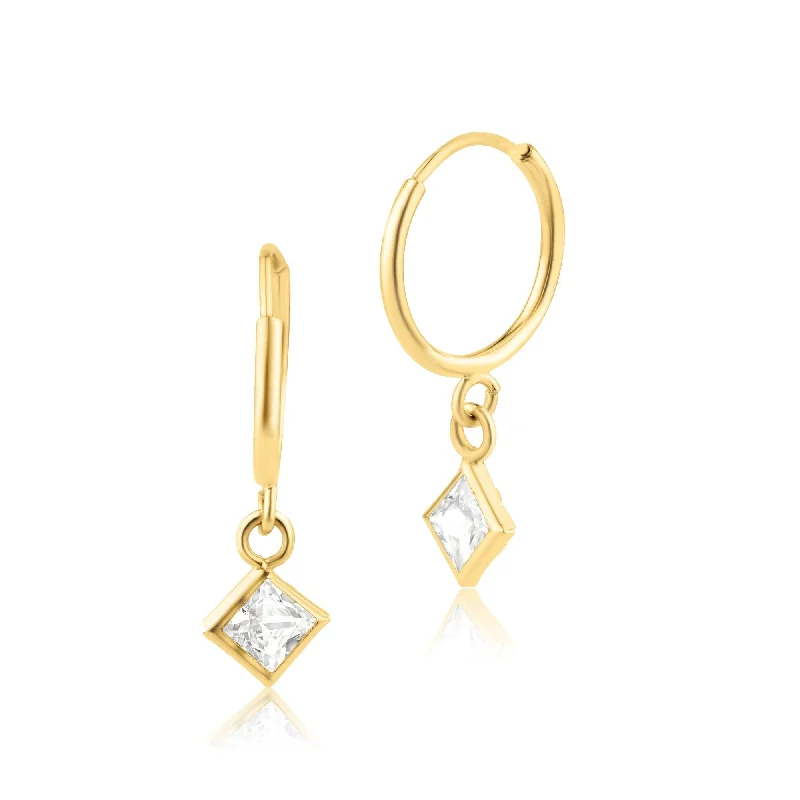 ladies earrings twisted teardrop-14E00218. - 14 Karat Yellow Gold CZ Huggie Hoop Dangling CZ Earring