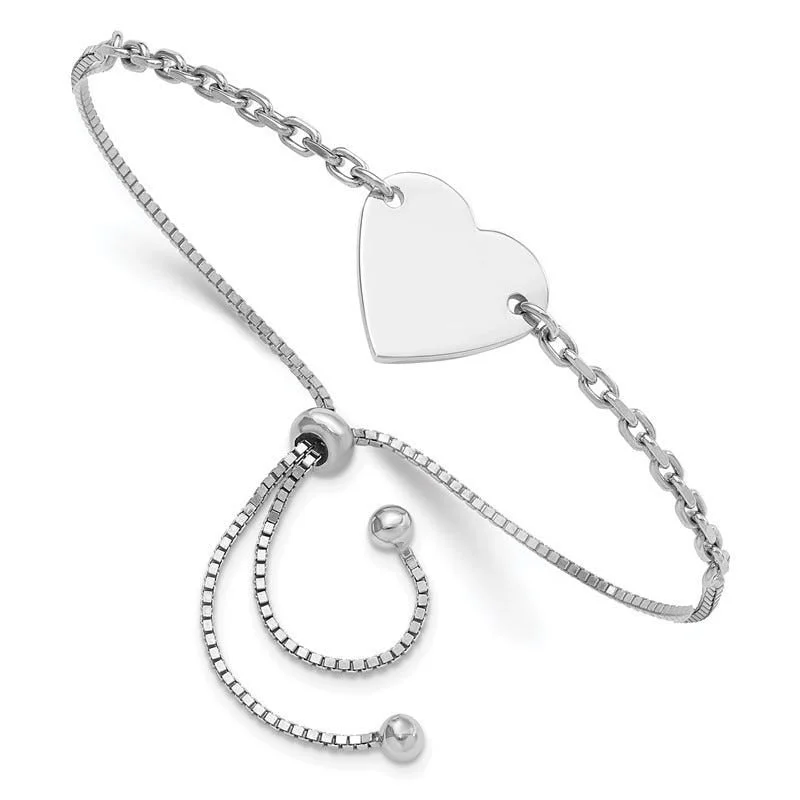 Ladies bracelets medium width styles-Sterling Silver Rhodium-plated Polished Heart Disc Adjustable Bracelet