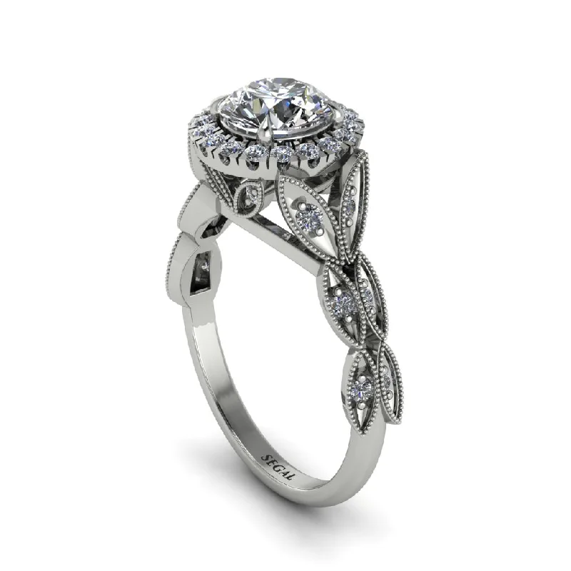 ladies engagement ring sculpted asscher cut-Diamond Halo Nature Inspired Leaf Engagement Ring - Alessandra No. 3