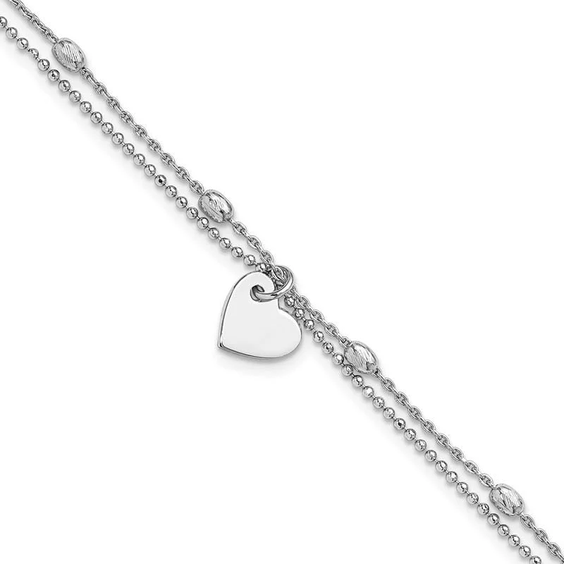 Ladies bracelets heart-shaped accents-Sterling Silver Rhod-pltd Brushed Heart Beaded 7.25in w/1in ext Bracelet