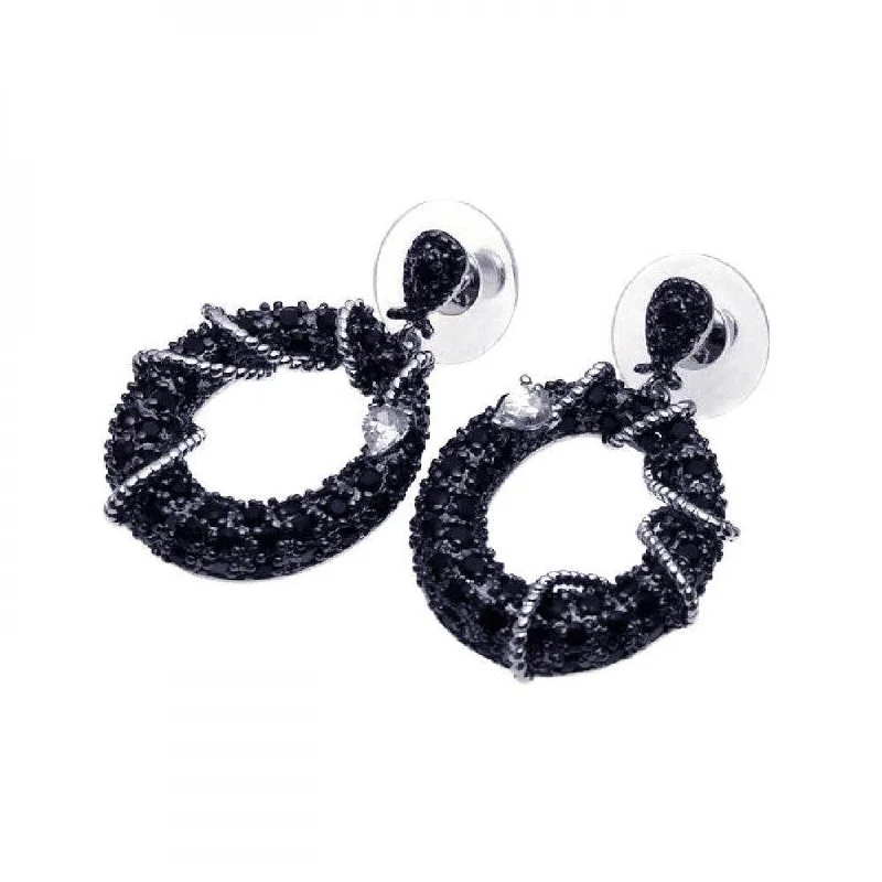 ladies earrings sculpted long-Clearance-Silver Black 925 Silver Rhodium Plated Heart CZ Dangling Stud Earrings - BGE00091