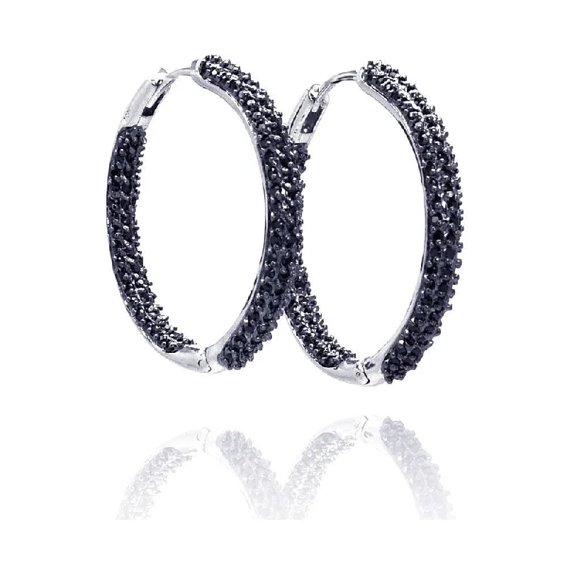 ladies earrings high-end cluster-Clearance-Silver 925 Black Rhodium Plated CZ Hoop Earrings - BGE00078