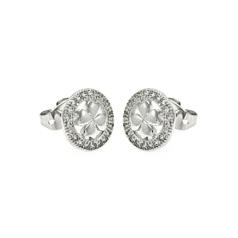 ladies earrings gothic threader-Silver 925 Rhodium Plated Open Circle Clover CZ Stud Earrings - BGE00252