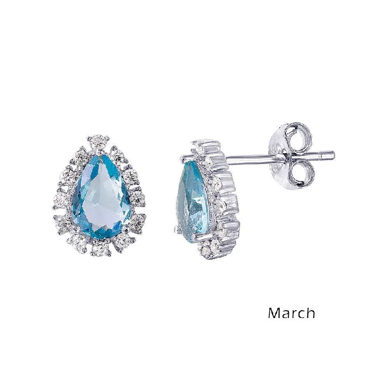 ladies earrings summer topaz-Rhodium Plated 925 Sterling Silver Teardrop Halo CZ Birthstone Earrings March - STE01027-MAR