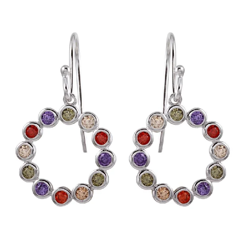 ladies earrings matte long-Rhodium Plated 925 Sterling Silver Multi-Colored CZ Open Circle Earrings - STE01140