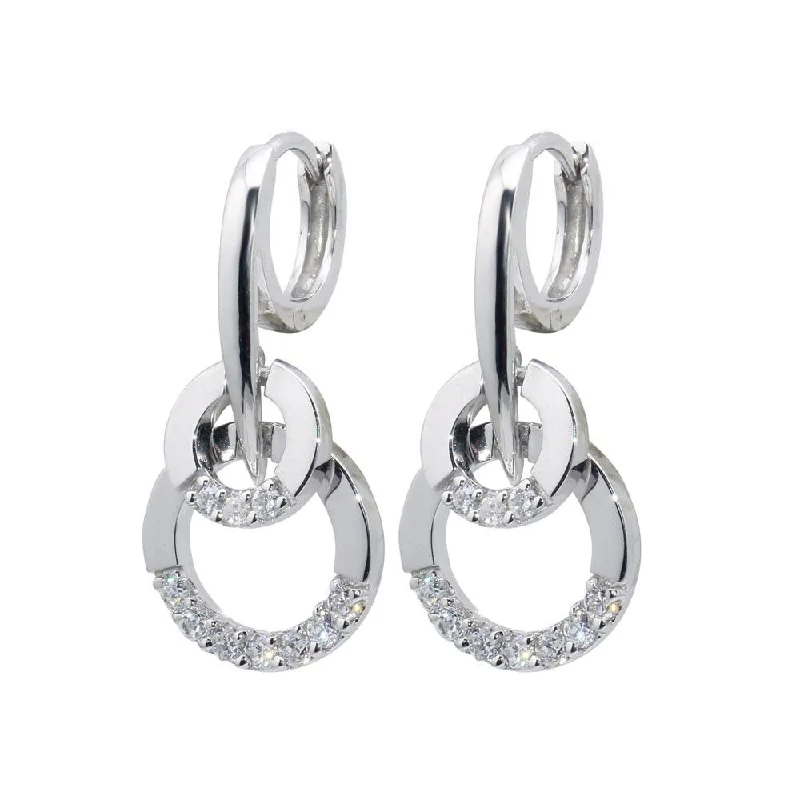 ladies earrings constellation long-Silver 925 Rhodium Plated Two Round CZ Lever Back huggie hoop Earrings - BGE00098