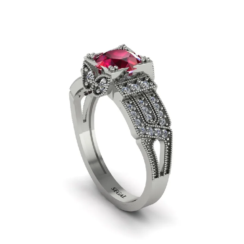 ladies engagement ring designer trillion cut-Ruby Milgrain Gold Engagement Ring - Lyric No. 12