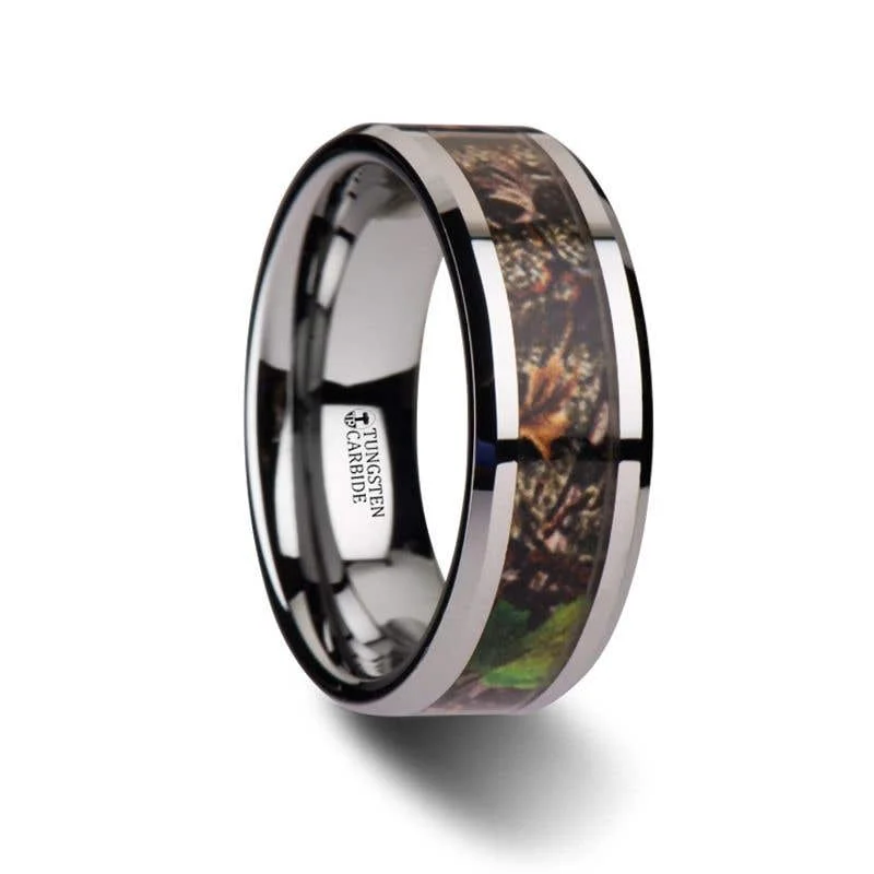 ladies ring initial multi-stone-Thorsten OVERGROWTH Realistic Tree Camo Tungsten Carbide Wedding Band with Green Leaves - 8mm