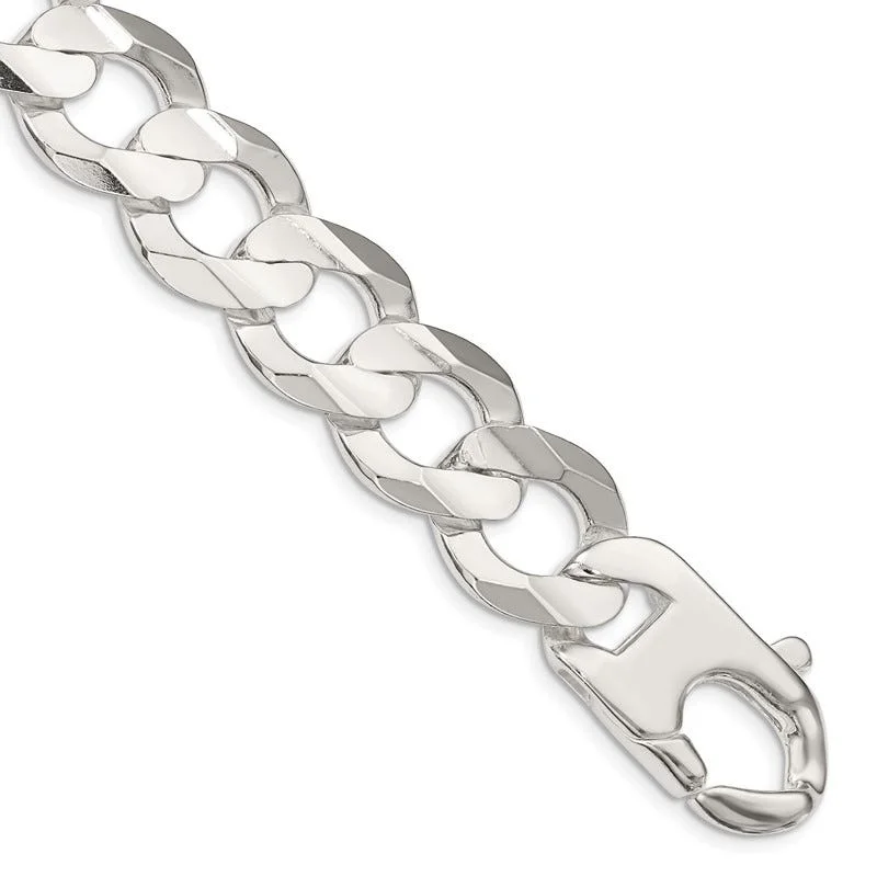 Ladies bracelets white diamond styles-Sterling Silver 15.75mm Concave Beveled Curb Chain Bracelet