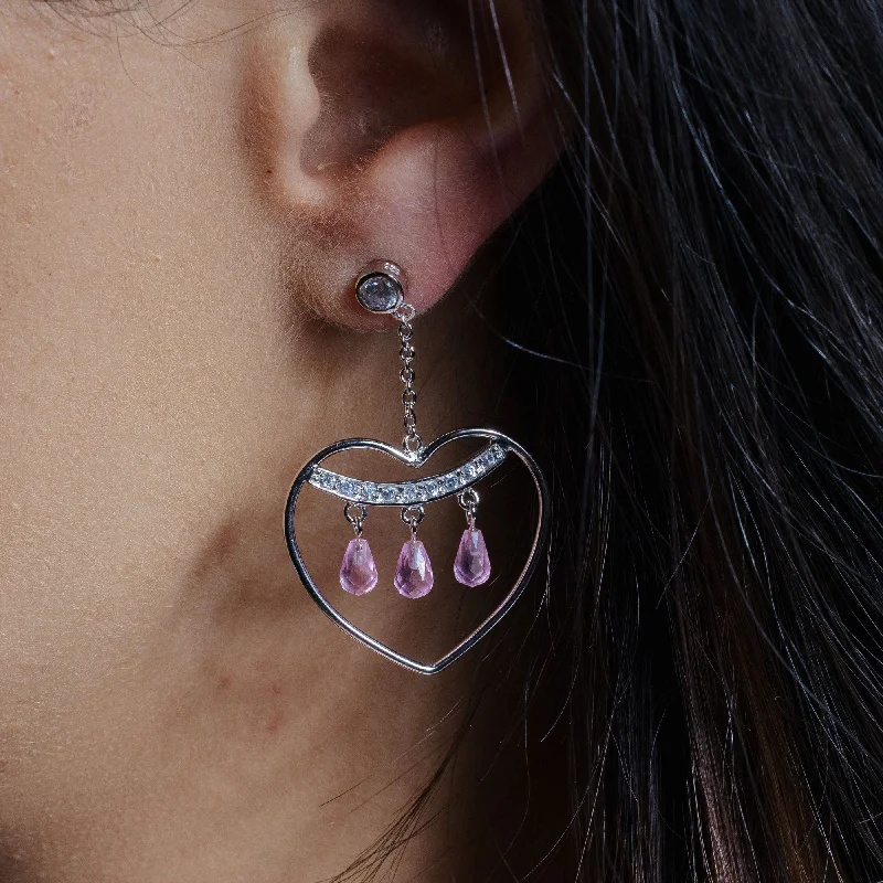 ladies earrings timeless moonstone-Clearance - Silver 925 Rhodium Plated Open Heart Danging 3 Pink Crystals Earrings - STE00120