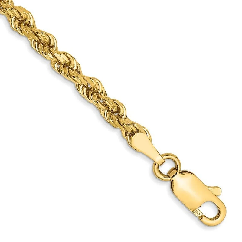 Ladies bracelets flat band bracelets-14K 7 inch 3mm Diamond-cut Rope with Lobster Clasp Chain Bracelet