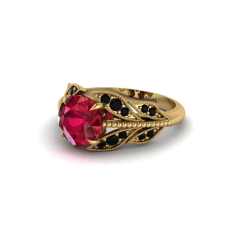 ladies engagement ring filigree baguette cut-Ruby Majestic Leaf Gold Engagement Ring - Makenna No. 40