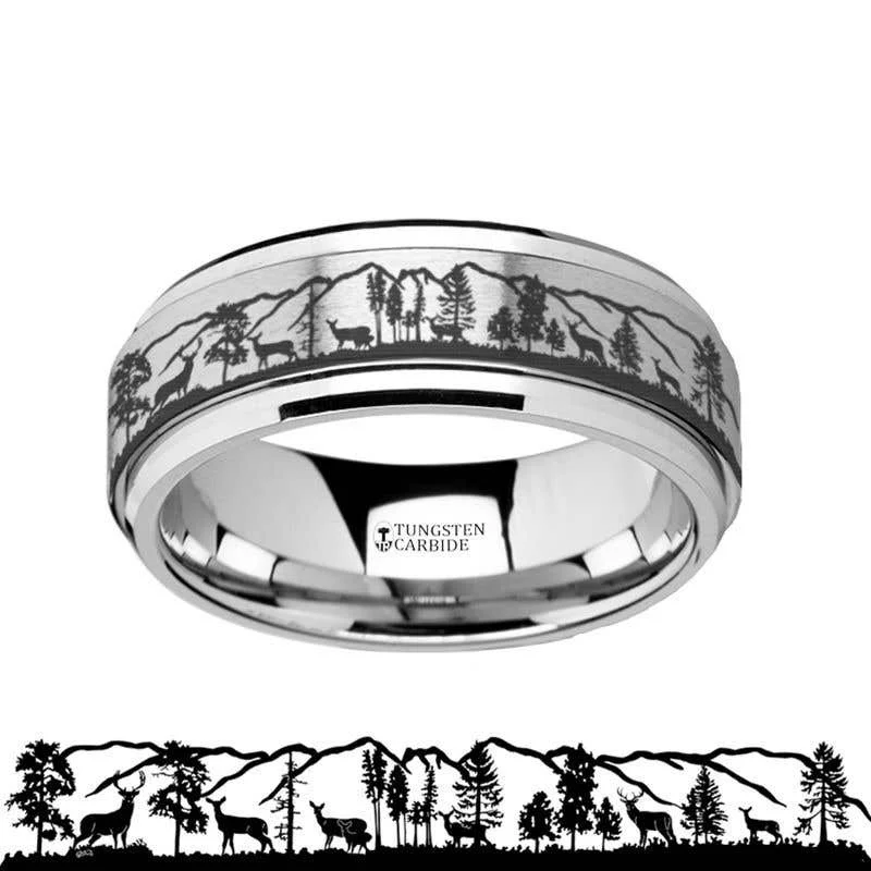 ladies ring summer limited edition-Thorsten Spinning Engraved Roaming Deer Stag Tungsten Carbide Spinner Band - 8mm