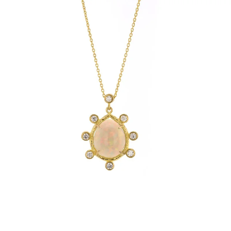 Ladies necklaces flat chain necklaces-Opal & Diamond Pendant Necklace