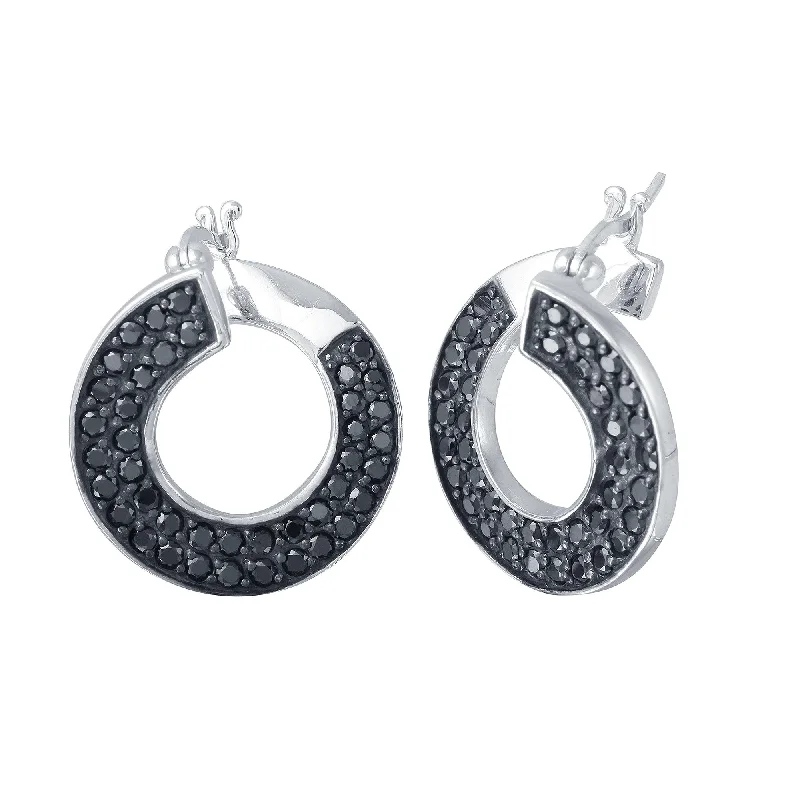 ladies earrings braided multi-stone-Clearance-Rhodium Plated 925 Sterling Silver Twirl Round Ramp Black CZ Hoop Earrings - STE00552