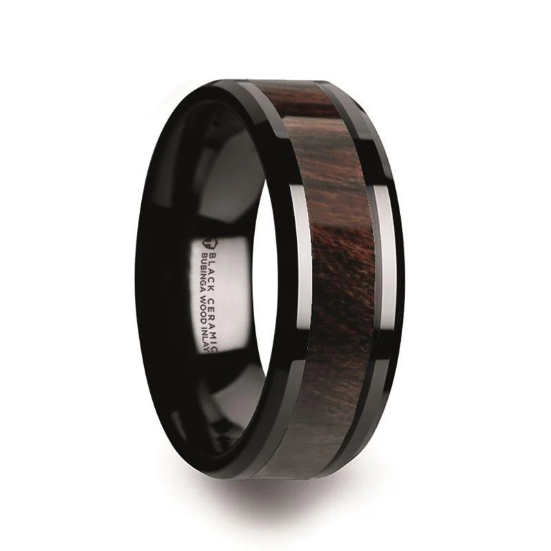 ladies ring mother’s pink tourmaline-Thorsten BENNY Black Ceramic Bubinga Wood Inlay Polished Beveled Edges Men’s Wedding Band - 8mm