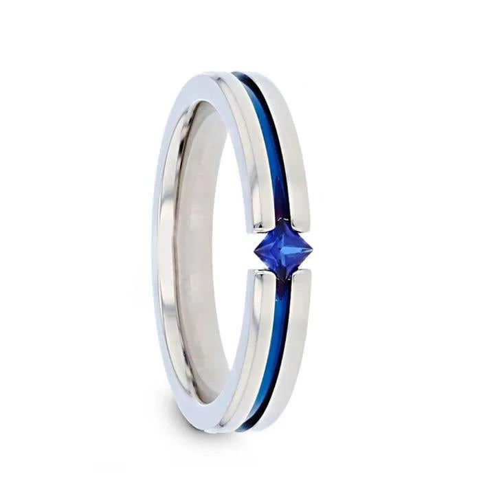 ladies ring classic garnet-Thorsten NYMERIA Tension Set Blue Sapphire Titanium Band with Blue Stripe - 4mm