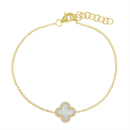 Ladies bracelets domed shape styles-14K Yellow Gold Mother of Pearl and Diamond Fluted Quatrefoil Bracelet