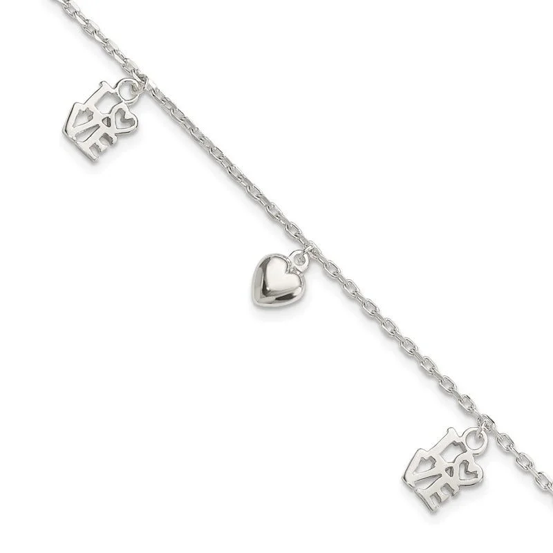 Ladies bracelets one-off design bracelets-Sterling Silver Heart and LOVE Charm Bracelet