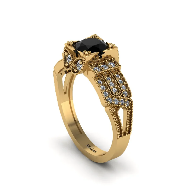 ladies engagement ring slim tension-Black Diamond Milgrain Gold Engagement Ring - Lyric No. 7