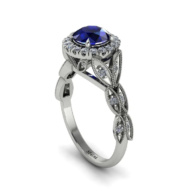 ladies engagement ring zodiac christmas-Sapphire Halo Nature Inspired Leaf Engagement Ring - Alessandra No. 15