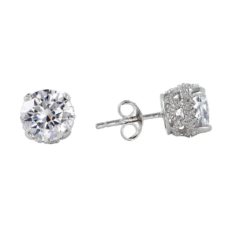 ladies earrings sleek fringe-Silver 925 Rhodium Plated Round Clear CZ Earrings - STE00581CLR