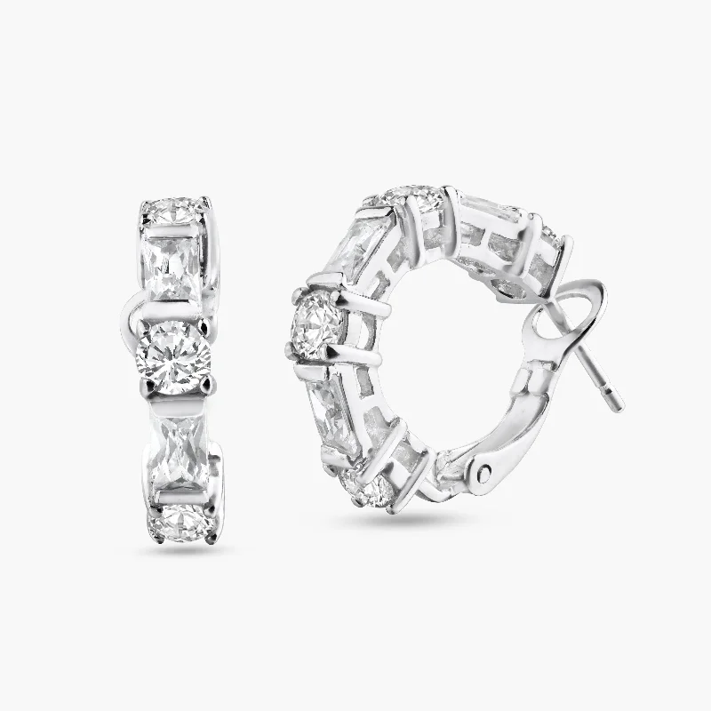 ladies earrings intricate topaz-Silver 925 Rhodium Plated Clear Baguette CZ Hoop Earrings - STE00615