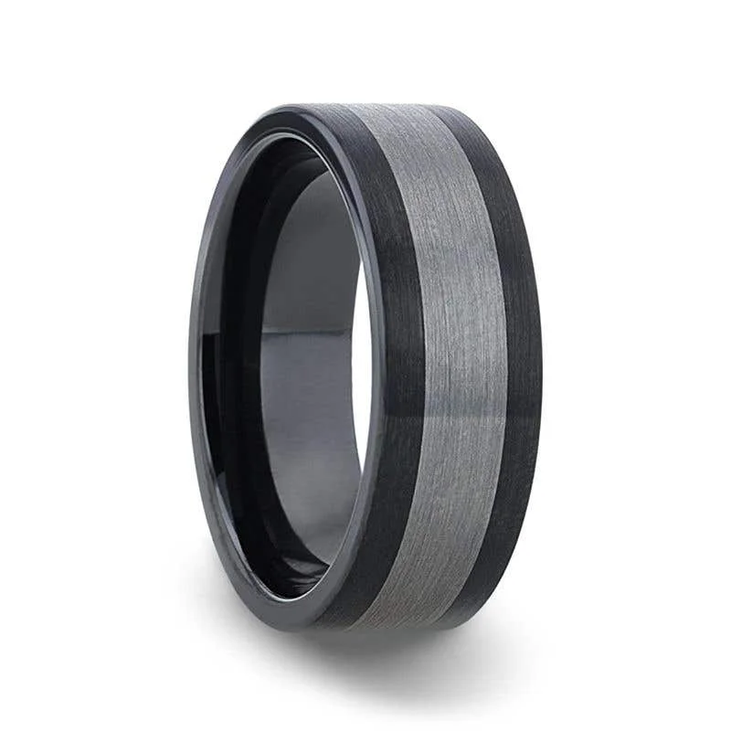 ladies ring hammered black friday-Thorsten ENDAST Ceramic Inlay Black Tungsten Wedding Band With Flat Brushed Edges - 8mm