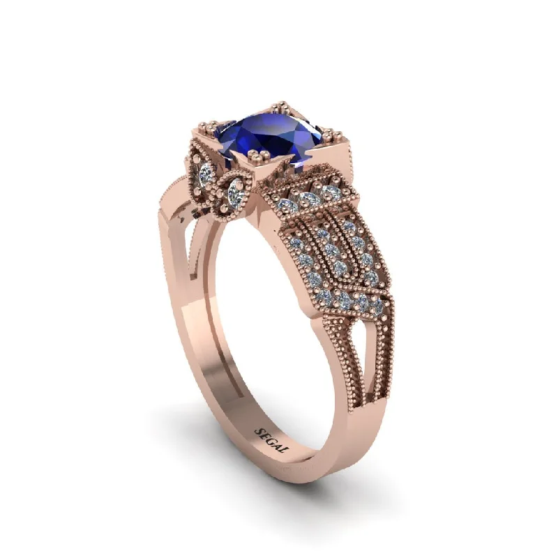 ladies engagement ring initial five stone-Sapphire Milgrain Gold Engagement Ring - Lyric No. 14