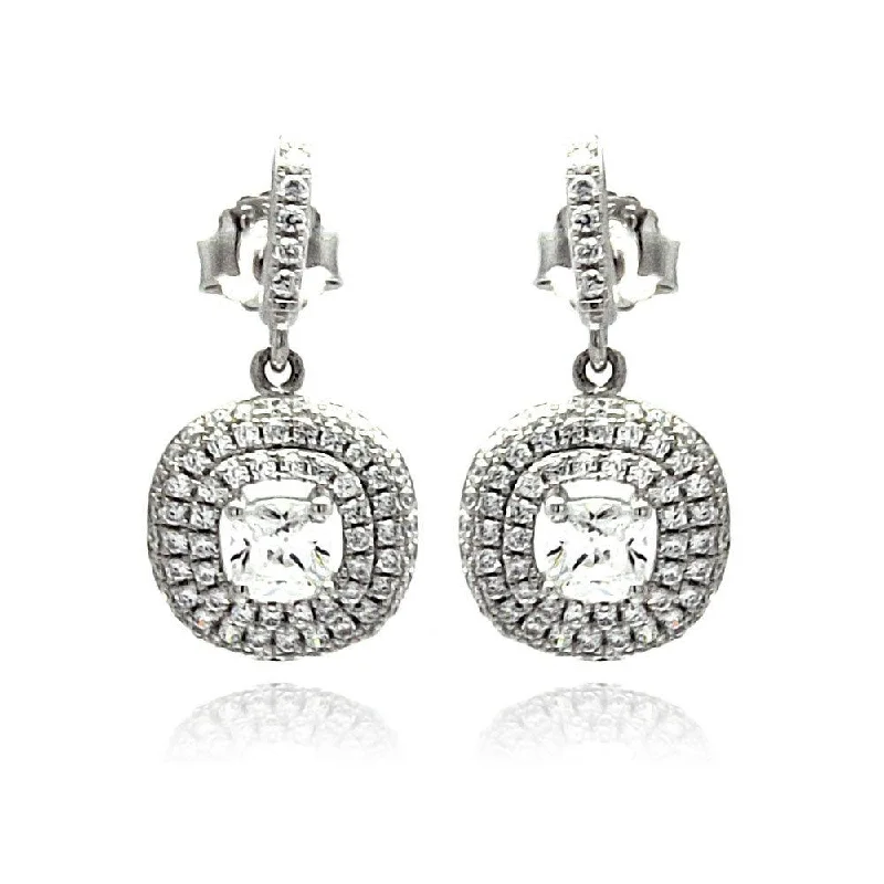 ladies earrings unique cluster-Silver 925 Rhodium Plated Micro Pave Clear CZ Round Dangling Stud Earrings - ACE00074